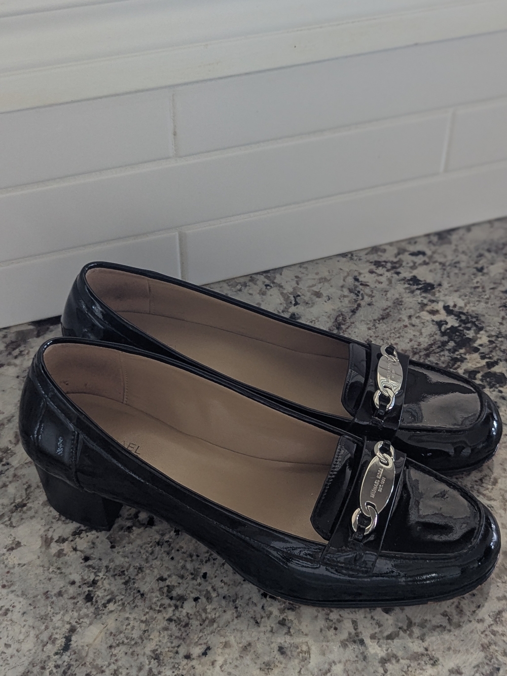 Michael Kors Black Patent Leather Block Heel Loafers with Metal Accent